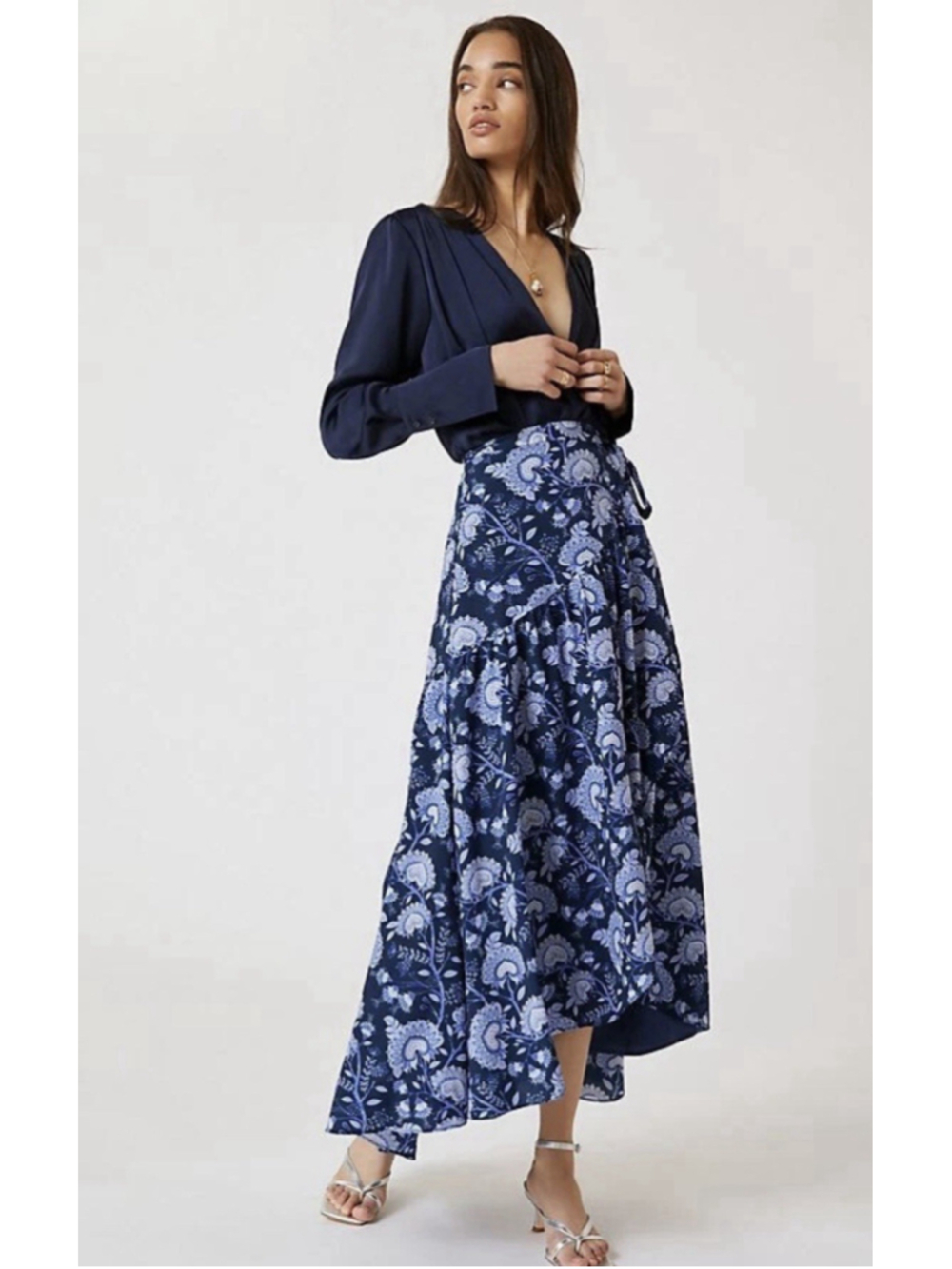 Anthropologie Hutch Printed Wrap Blue Maxi Skirt Sz M